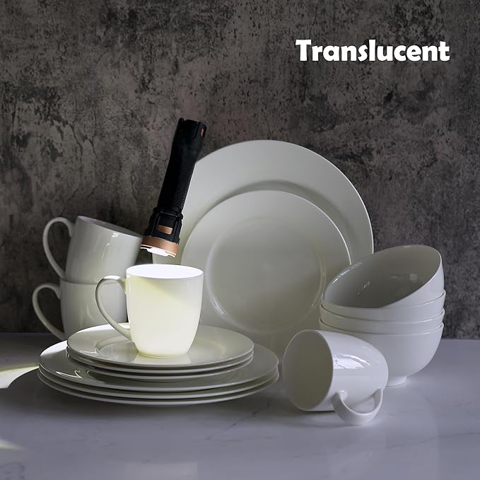 Bone China 16 Piece Dinnerware Set Service for 4 White Microwave Safe Dishwasher SafeChip Resistant Translucent Elegant giftware Dish set For Essential Home Everyday Living Kitchen Set