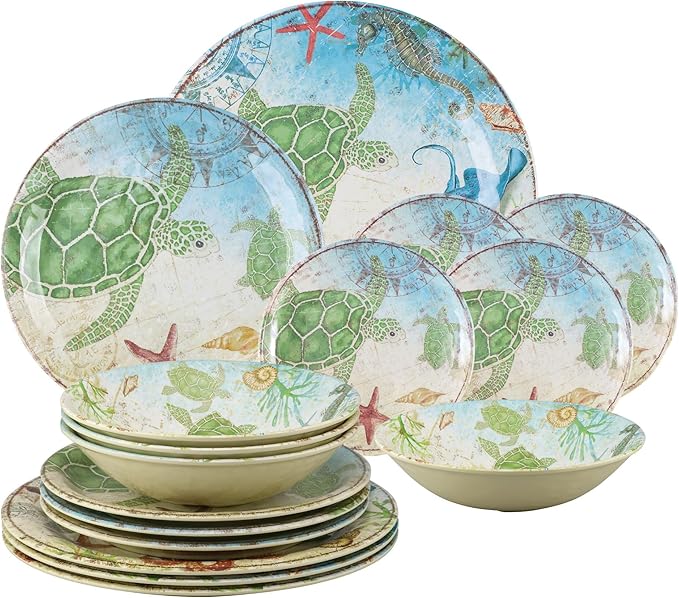 UPware 16 Piece Sea Turtle Melamine Dinnerware Sets Outdoor Dishes Set Plates and Bowls Sets Service for 4 Multicolor