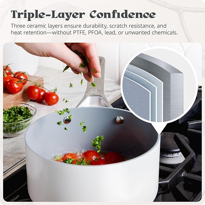 Premium Non-Toxic Ceramic Cookware Set – Triple-Layer Nonstick 12 Piece Pots and Pans with Lids PFAS-Free Oven Safe for Healthy Meals Space-Saving Design Birch White Color | Greater Goods