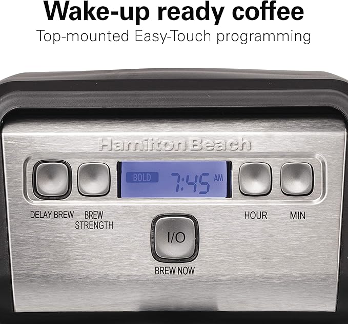 Hamiton Beach 12 Cup Compact Programmable Drip Coffee Maker with No-Drip Burosilicate Glass Carafe 2-Hour Auto Shutoff Space-Saving Design Black with Stainless Steel Accents (46200)