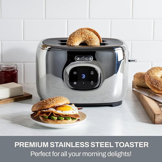 All-Clad Stainless Steel Toaster 2 Slot Removable Crumb Tray 850 Watts 7 Browning Levels Intuitive Touchscreen Extra High Lift Silver