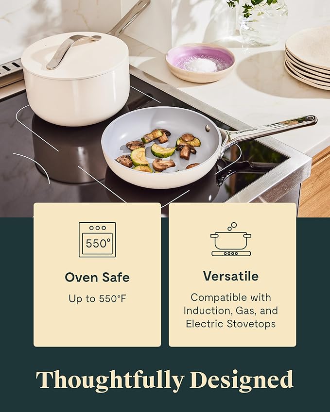 Caraway Mini Cookware Set - Non-Stick Ceramic Fry Pan (1.05 qt 8) Sauce Pan (1.75 qt) &amp Storage Rack - Non Toxic PTFE &amp PFOA Free - Oven Safe &amp Stovetop Agnostic (Gas Electric &amp In