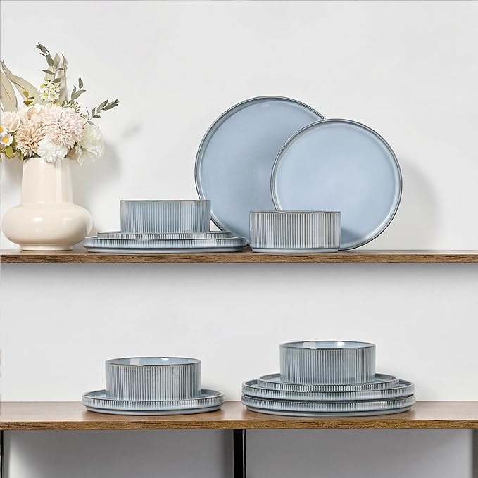 E-far Stoneware Dinnerware Sets for 2 6-Piece Plates and Bowls Sets Chip &amp Scratch Resistant Ribbed Dish Set for Home Restaurant Microwave &amp Dishwasher Safe Dusty Blue