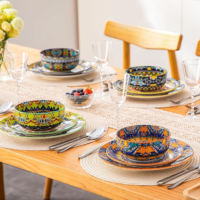 vancasso 18-Piece Dinnerware SetsCeramic Plates and Bowls Sets Service for 6 Bohemian Style Porcelain Dishes Set for 6 Microwave and Dishwasher Safe Scratch ResistantNon Toxic Series KRVI