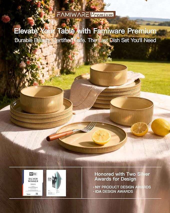 24-Piece Dinnerware Set Service for 8 Famiware Premium Stoneware Dish Set with Ribbed Plates and Deep Bowls Double Reactive Glaze Chip &amp Scratch Resistant Microwave &amp Dishwasher Safe Crea