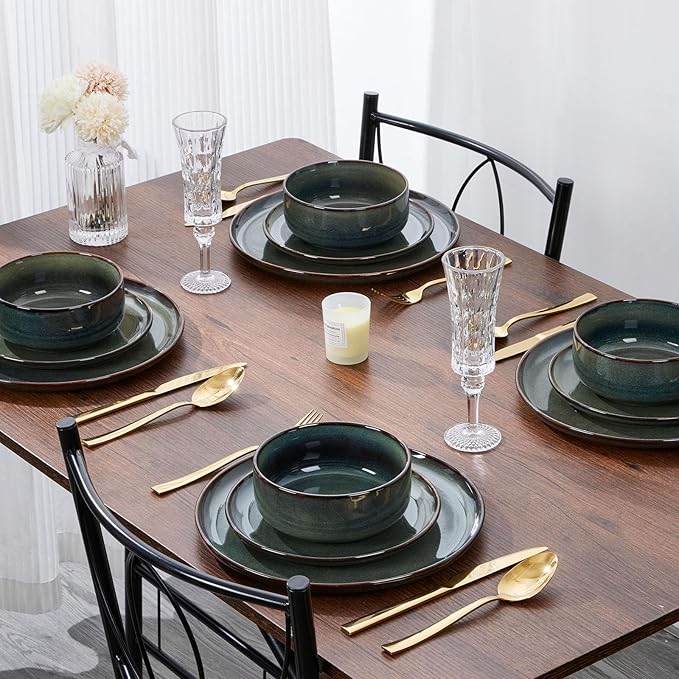 E-far 6-Piece Plates and Bowls Set Stoneware Dinnerware Sets for 2 Ceramic Dishes Reactive Glaze Dinning Ware Microwave &amp Dishwasher Safe - Obsidian Green