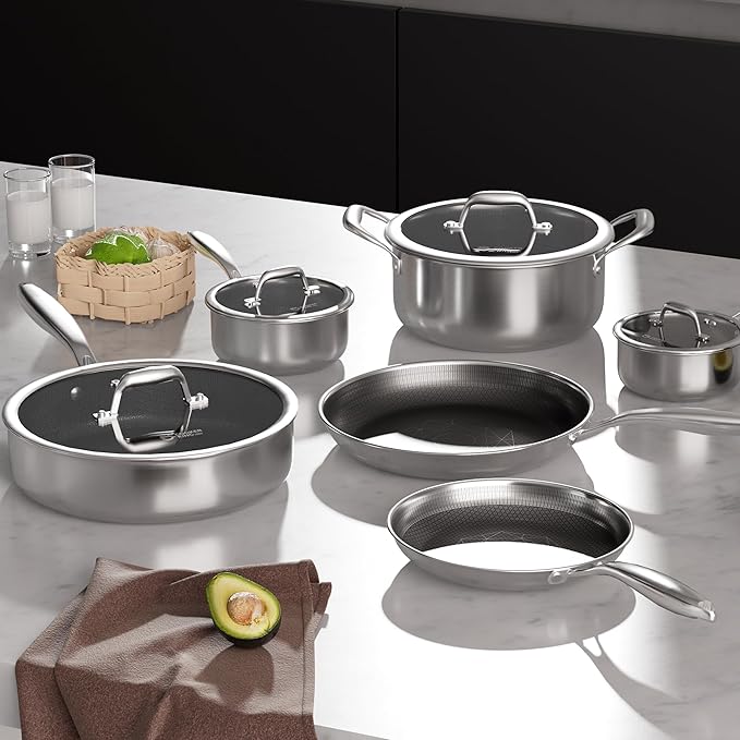 COOKER KING Stainless Steel 10pcs Cookware Set Pots and Pans Set with Lids Frying Pans Saucepans Saute Pan &amp Stock Pot Non Stick Non Toxic Induction Oven Dishwasher Safe Stay-Cool Handle