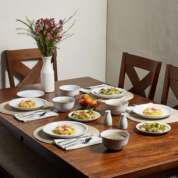 Tabletops Gallery Fashion Dinnerware- Stoneware White Rimmed Round Dishes Service for 4 Dinner Salad Appetizer Dessert Plate Bowls 12 Piece White Antiqued Farmhouse Dinnerware Set