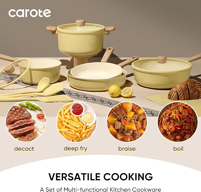 CAROTE 24pcs Ceramic Cookware Set Pots and Pans Non Stick Kitchen Cookware Sets Pots and Pans Set Cooking Set with Knife Set