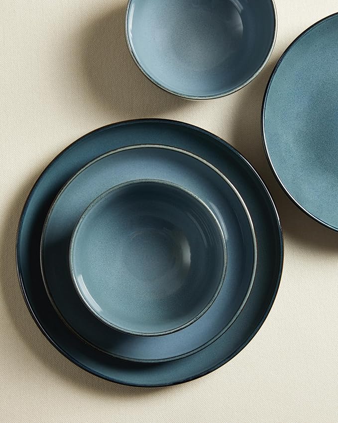 24 Piece Dinnerware Set for 8 Santorini Mist Terracotta Plates and Bowls Sets Complete Stoneware Dish Set for Large Families and Entertaining Microwave &amp Dishwasher Safe Jeans Blue
