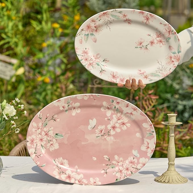 Bico Spring Sakura 16 plus 14 inch Ceramic Oval Platters Set Set of 2 Microwave &amp Dishwasher Safe for Serving Fish Chicken Turkey