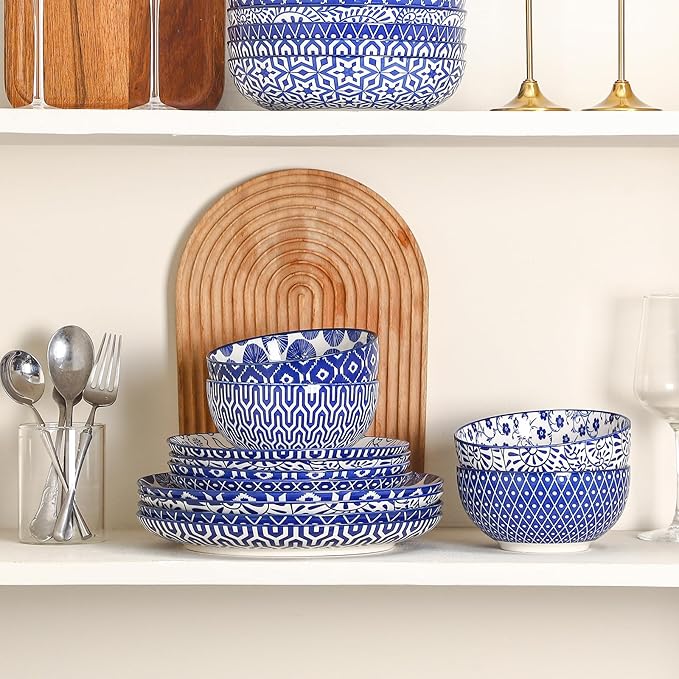 Selamica Ceramic Plates and Bowls Sets18 Pieces Retro Floral Dinnerware Sets for 6Dishwasher &amp Microwave Safe dish setFamily &amp Holiday Dining Vintage Blue