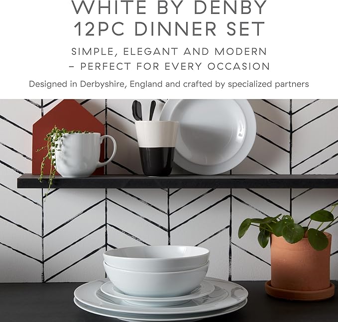 Denby - White By Denby Dinner Set For 4-12 Piece Tableware Set - Fine Porcelain Dinnerware Set - Dishwasher Microwave Oven Safe Scratch Resistant - 4 x Dinner Plates Small Plates &amp Cereal Bowls