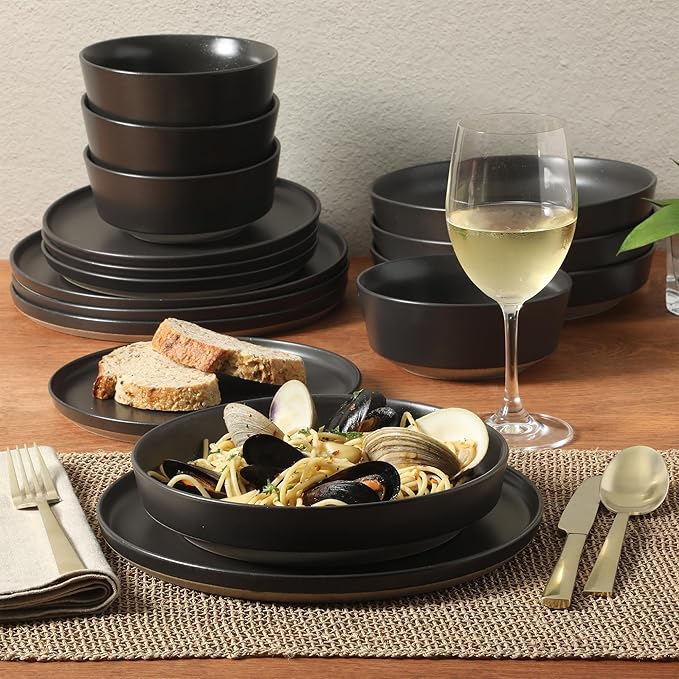Gibson Elite Overbrook 16-Piece Pottery Clay Stoneware Dinnerware Set – Black Reactive Glaze Stackable Plates and Bowls W/Pasta Bowl Service for 4 – Microwave &amp Dishwasher Safe