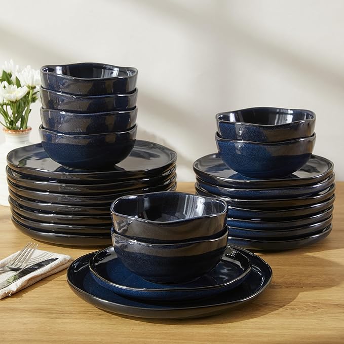 24 Piece Ceramic Dinnerware Sets for 8 Starry Blue Reactive Glaze | Unique Coastal Edge for Holiday Gatherings Thanksgiving Dinner Parties | Microwave &amp Dishwasher Safe Stoneware Dish Set