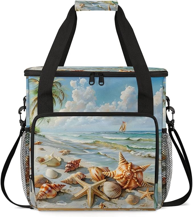 Ocean Beach Starfish Seashell Travel Coffee Maker Carrying Bag Large Organizer Storage Tote Bag Insulated Reusable Cooler Grocery Bags