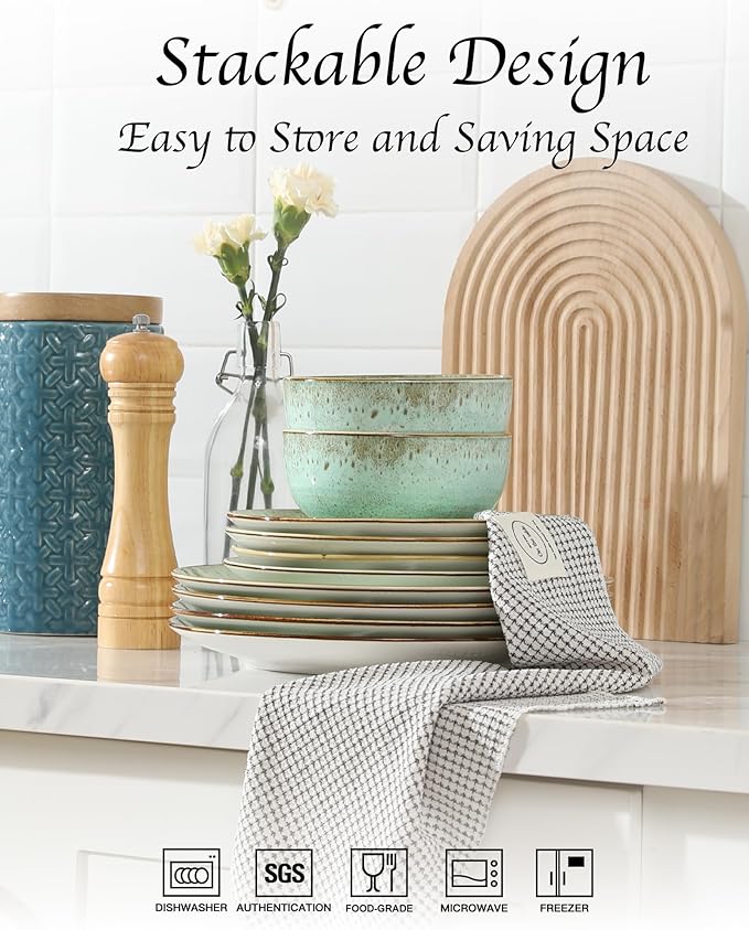 Sweejar Dinnerware Sets Service for 4 12 pcs Porcelain Plates and Bowls for Kitchen Housewaring Gift Chip and Scratch Resistant Dish Set Handmade Dishwasher and Microwave Safe Plate Set Green