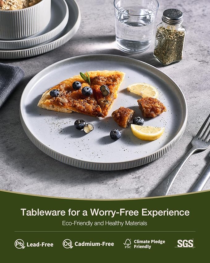 Famiware Star Dinnerware Set Plates and Bowls Sets for 8 (24pcs) Ribbed Stoneware Dishes - Chip &amp Scratch Resistant Microwave &amp Dishwasher Safe Matte Gray