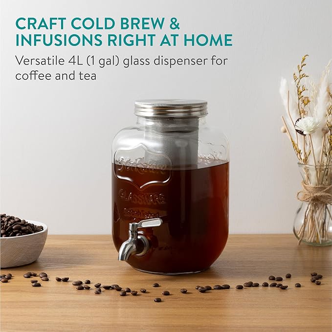 Navaris Cold Brew Coffee Maker - 1 Gallon(4L) Iced Coffee Maker with 18/8 Stainless Steel Leakproof Spigot Mason Jar Glass Drink Dispenser Beverage Dispenser with Filter