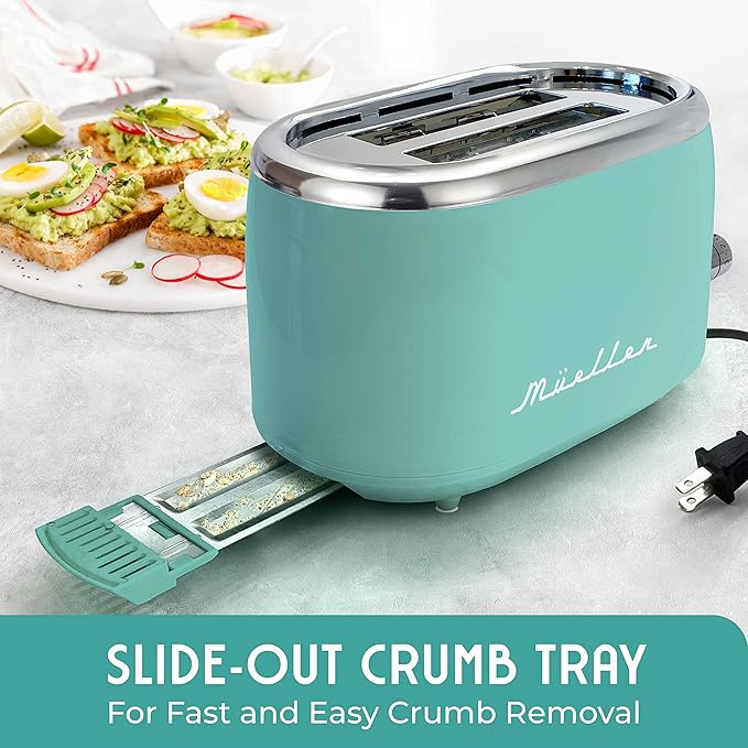 Mueller Retro Toaster 2 Slice with 7 Browning Levels and 3 Functions: Reheat Defrost &amp Cancel Stainless Steel Features Removable Crumb Tray Under Base Cord Storage Turquoise