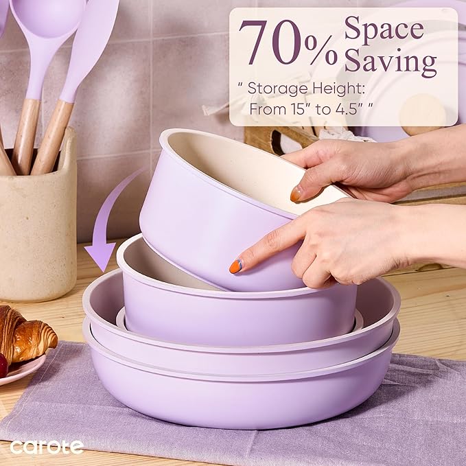 CAROTE Pots and Pans Set Non Stick Cookware Sets 19pcs Kitchen Set Oven/Fridge Safe Space Saving Pots Set Nonstick Set with Versatile Removable/Detachable Handle Induction RV Set Purple