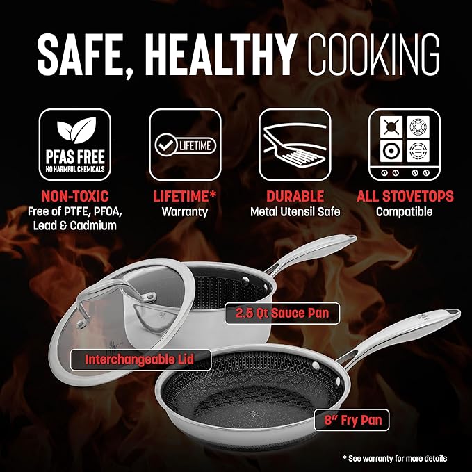Hell's Kitchen Hybrid 3 Piece Set 8-inch Frying Pan 2.5 Qt Saucepan and Tempered Glass Lids Tri-Clad Stainless Steel and PFAS-Free Ceramic Nonstick Metal Utensil Safe All Cooktops Oven Safe