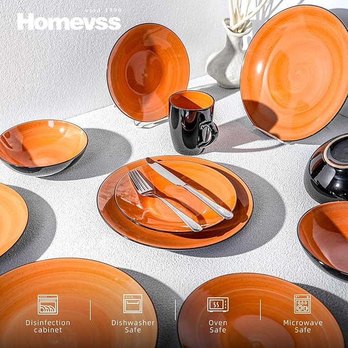Sonoma 16 Piece Stoneware Dinner Set Outside Black + Inside Handpainted Color Orange with speckle