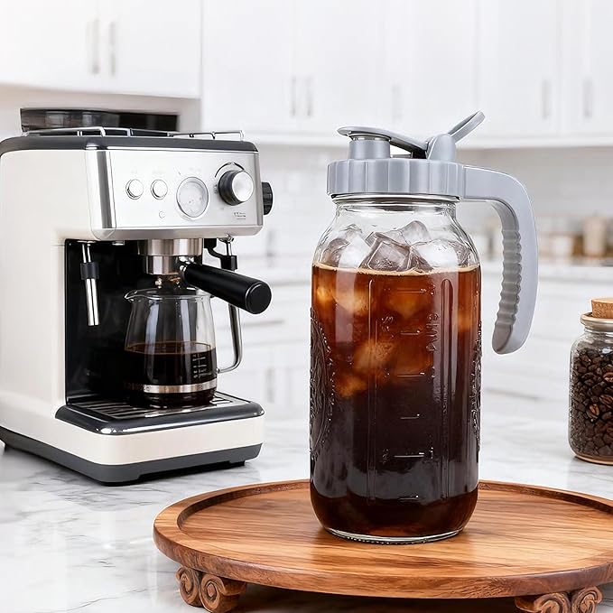 64 OZ Cold Brew Coffee Maker 2 Quart Mason Jar Glass Iced Tea Pitcher With Stainless Steel Filter Half Gallon Pitcher With Spout Lid For Iced CoffeeTea &amp LemonadeSun Tea Airtight &amp Leak-Proo