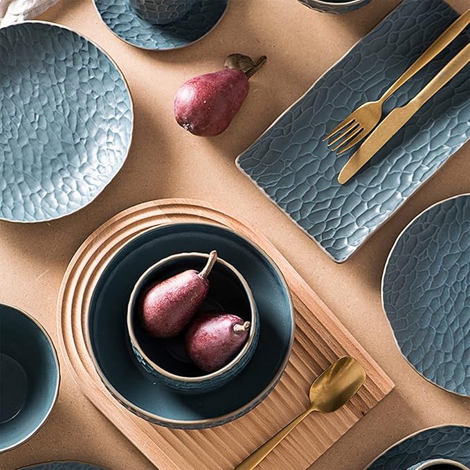 Ceramic Dinnerware Set 17 Pcs Matte Blue Porcelain Dinner Set Porcelain Bowls and Plates Sets Nordic Style Tableware Combination Set CER