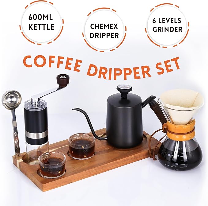 SOTECH Pour Over Coffee Maker Set 600ML Coffee Maker With Wooden Storage Tray Stainless Steel Kettle Bean Grinder for Outdoor Travel Picnic (Portable Coffee Set)