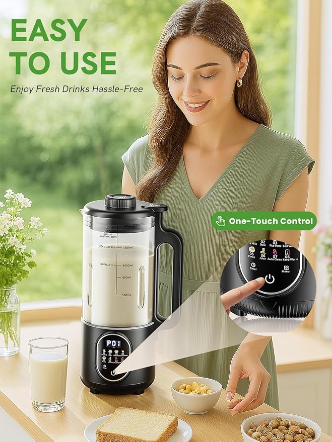 Upgraded 55oz Nut Milk Maker Machine &amp Blender 10-in-1 Homemade Soy Milk Maker with 20 Blades Plant-Based Almond Oat Milk Maker with Auto Clean Delay Start Boil Water Keep Warm 5-6 Cups Bla