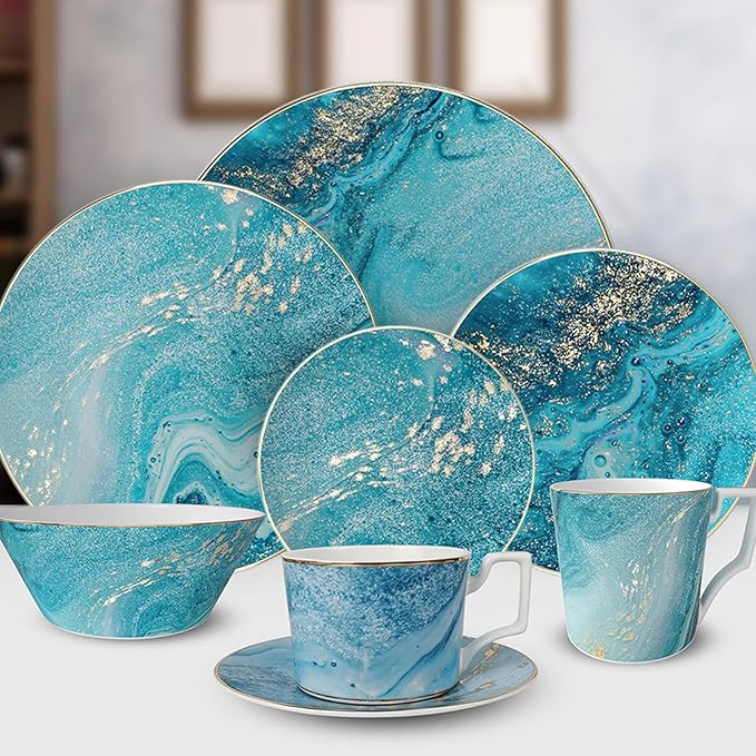 Romantic countryside Bone China Dinnerware Sets Service for 6Delicate afternoon tea Dinnerware SetSteak Dinner Plates Dish Set Includes coffee cupBlue Ocean