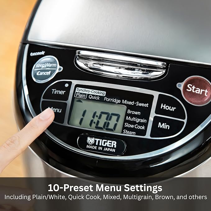 Tiger JAX-T18U-K 10-Cup (Uncooked) Micom Rice Cooker with Food Steamer &amp Slow Cooker Stainless Steel Black