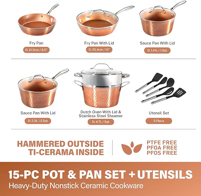 Gotham Steel Hammered 15 Pc Ceramic Cookware Set Induction Pots and Pans Set Non Stick with Cooking Utensils &amp Steamer Non Toxic Ceramic &amp Titanium Coating PFOA PFOS Free Oven &amp Dishwas