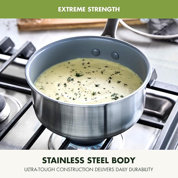 GreenPan Stainless Steel Treviso 2.1QT Saucepan with Lid Healthy Ceramic Nonstick PFOA-Free PFAS-Free Induction Dishwasher Safe Oven Safe Even Heating Silver