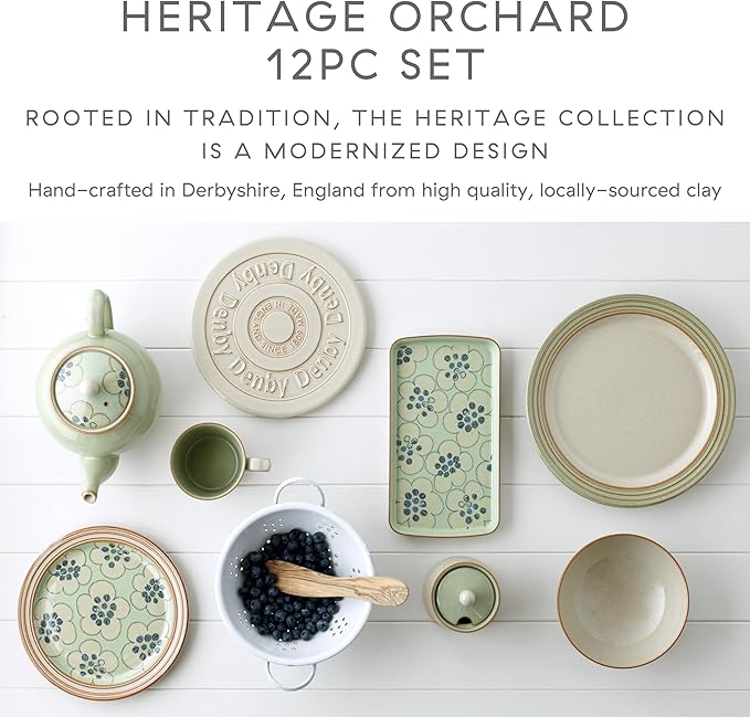 Denby - Heritage Orchard Dinner Set For 4-12 Piece Simple Ceramic Stoneware Tableware Set - Dishwasher Microwave Oven Safe - Scratch Chip Resistant