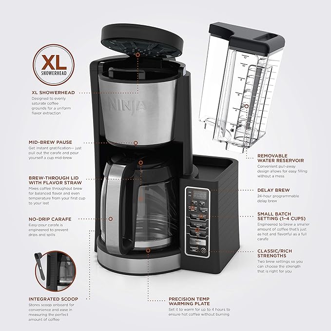 Ninja 12-Cup Programmable Coffee Maker with Classic and Rich Brews 60 oz. Water Reservoir and Thermal Flavor Extraction (CE201) Black/Stainless Steel