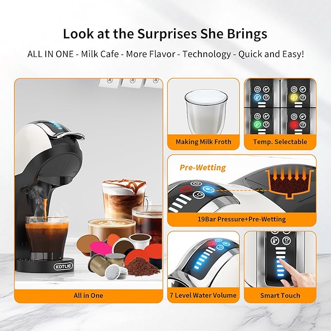 KOTLIE Single Cup Coffee Maker Multi Capsule Machine Compatible With Various Capsule Types 4 Temperature Settings 7 Water Volume Levels19 Bar(Glossy White)