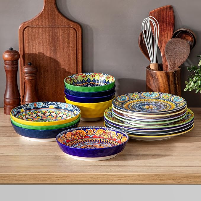 vancasso 16 Pieces Plates and Bowls Set Bohemian Style Dinnerware Sets Service for 4 Porcelain Boho Dishes Set for Kitchen Housewaring Gift Dishwasher and Microwave Safe Series KRVI