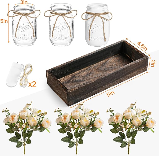 3 Pcs Mason Jar Centerpiece Table Decorations for Dining Table Decor Farmhouse Coffee Table Decor with Wood Tray and Led Light Table Centerpieces for Dining room Kitchen Living BathroomWhite