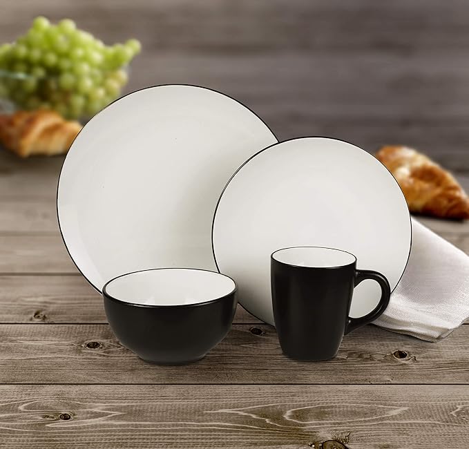American Atelier Bistro Casual Round Dinnerware Set – 16-Piece Stoneware Party Collection w/ 4 Dinner Salad Plates 4 Bowls &amp 4 Mugs – Unique Gift Idea White/Black