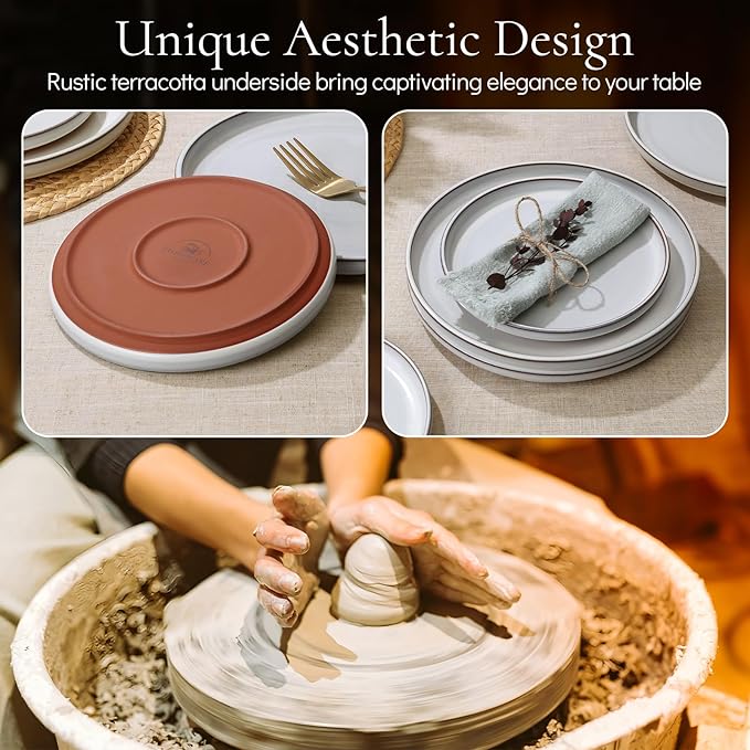 E-far Stoneware Dinnerware Sets for 6 18 Pieces Reactive Glaze Plates and Bowls Sets Elegant Dishes with Rustic Terracotta Clay Base Dishwasher &amp Microwave Safe Scratch Resistant Glacier Whit