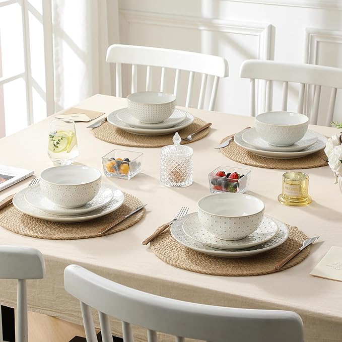 MALACASA 24 Piece Dinnerware Set Embossed Ceramic Dish Sets Service for 8 Plates and Bowls Set Durable Stoneware Tableware for Family Dinners Dishwasher &amp Microwave Safe
