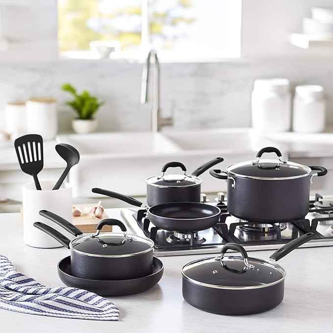 Amazon Basics Hard Anodized Non-Stick 12-Piece Cookware Set Pots Pans and Utensils Black