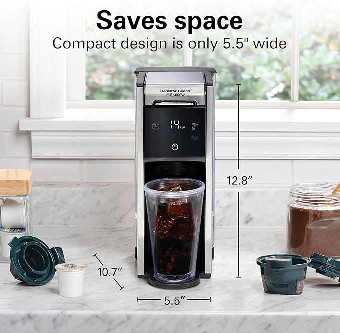 Hamilton Beach FlexBrew Advanced 4-in-1 Single Serve Hot &amp Iced Coffee Maker with Removable 45 oz. Water Reservoir Use Pod Packs and Grounds Fast Brewing LED Touchscreen Black (49925)