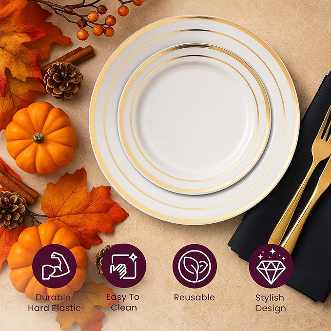 Aya's 60 Pack Heavy Duty Plastic Plates with Gold Rim - 30 Each of 10 Dinner and 7.5 Appetizer White Disposable Plates - Elegant Fancy Plastic Plates for Party Weddings and Special Events