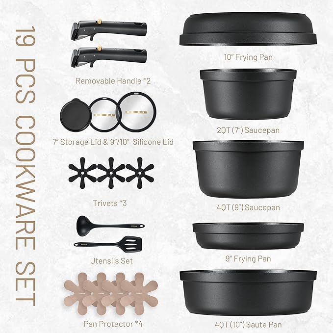 CAROTE 19pcs Pots and Pans Set Non Stick Nonstick Cookware Set Dishwasher/Oven/Fridge Safe Pots and Pans Removable Handle RV Oven Safe Cookware Induction Kitchen Set Black