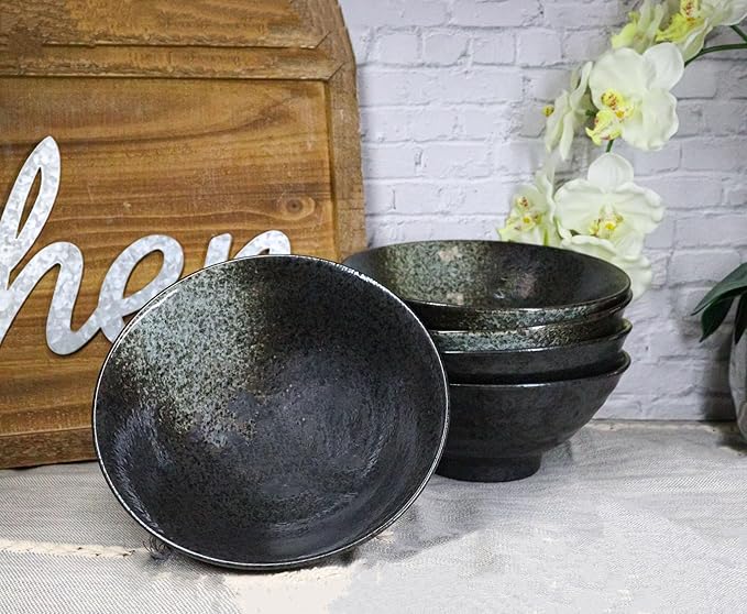 Ebros Gift Artistic Charcoal Grey Tone Hakumu Collection Dinnerware Serveware Kitchenware Set Asian Japanese Restaurant Supply (Pack Of 5 Large Ramen Soup Dinner Bowl 40oz)