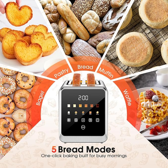 Toaster 2 Slice with Touchscreen 1.5 Wide Slots &amp Memory Recall | 900W Stainless Steel Smart Digital Toasters | 6 Shade Settings for Bagels &amp Thick Bread | Defrost Reheat Single-Slice Mode