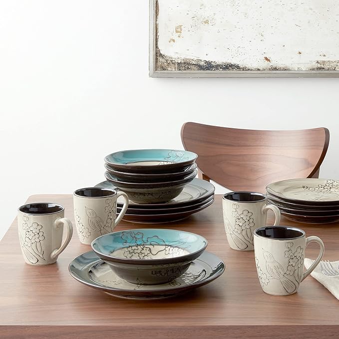 Gourmet Basics by Mikasa Song Bird Dinnerware Set 16 Piece Green Gray